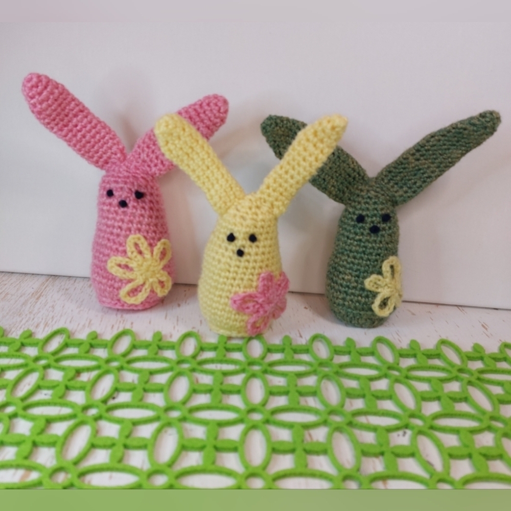 Three Cute Long Ear Bunnies with Flowers Handmade by me! Cute Decor or Gift Boho